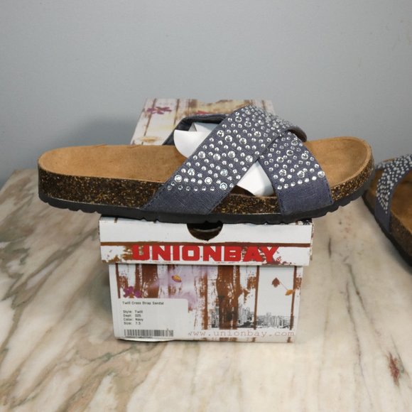 UnionBay Slide Sandal Molded Cork Footbed Denim with Silver Embelishment 7.5 - Picture 3 of 10